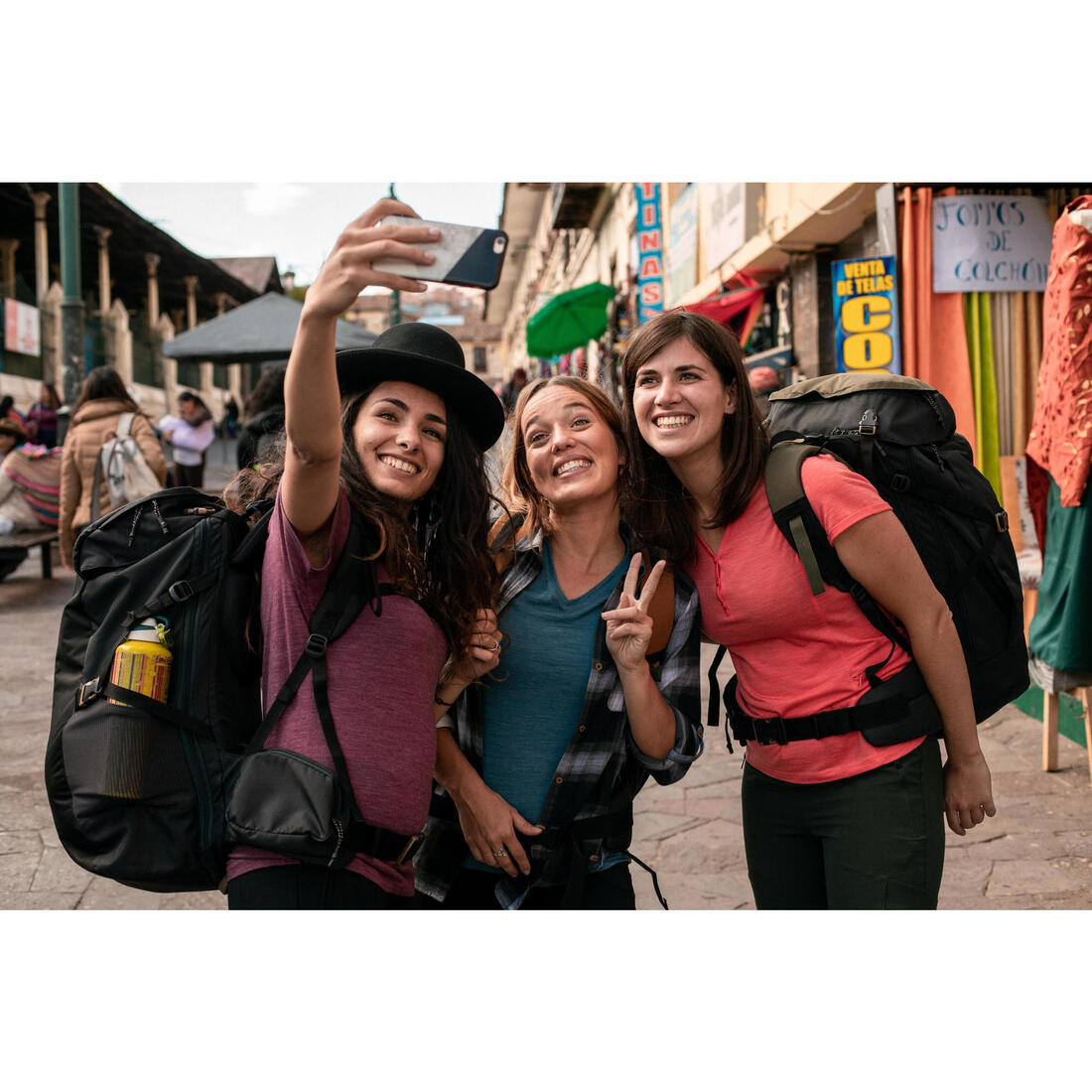 T-shirt de trek voyage - manches courtes - laine mérinos TRAVEL 100 bleu Femme