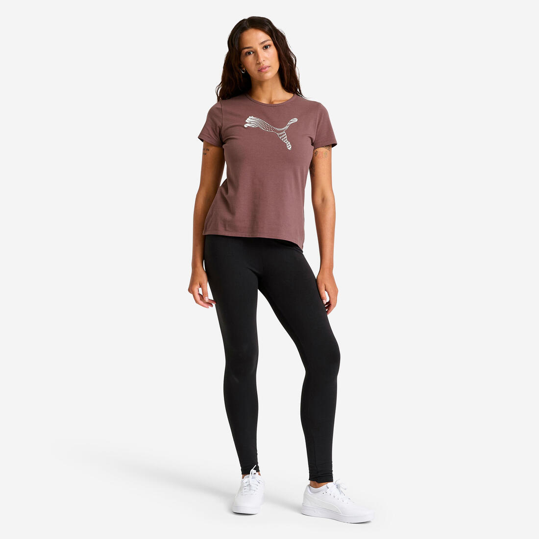 T-shirt de fitness en coton imprimé femme, marron