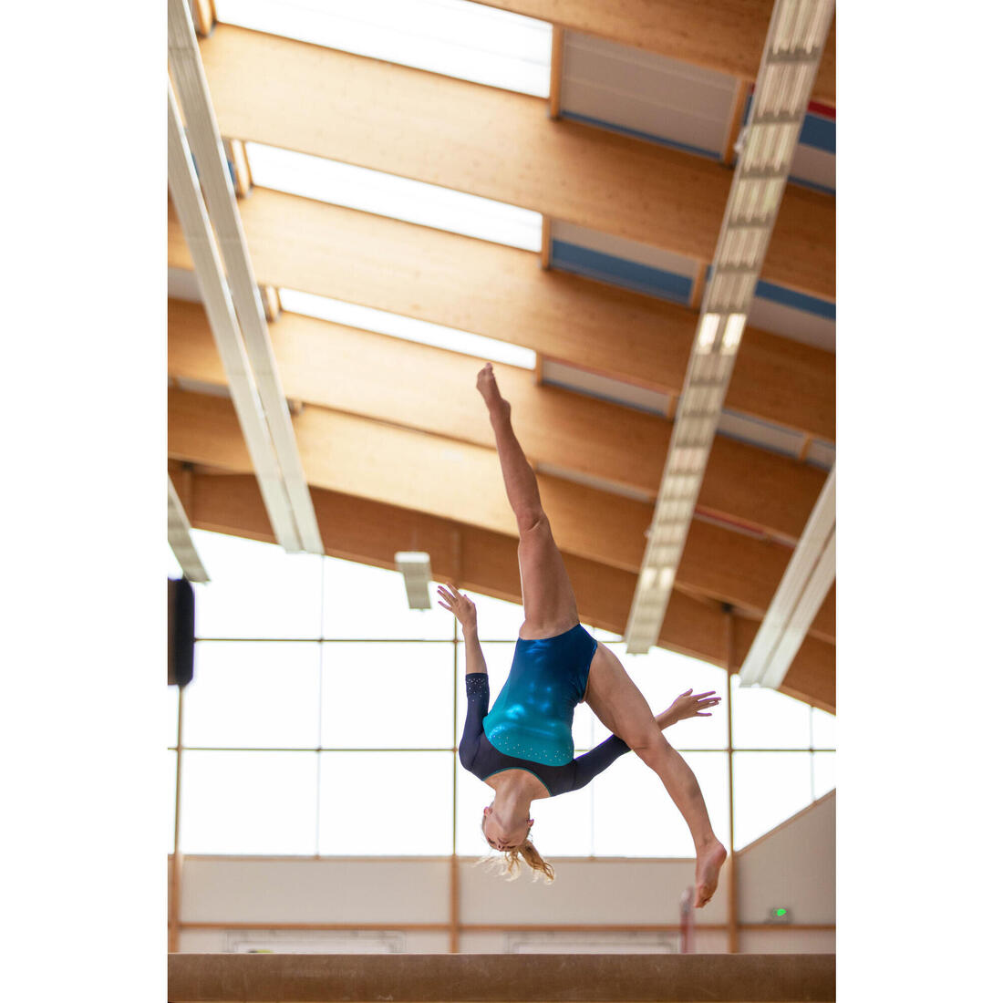 Justaucorps gym fille bleu et turquoise manches longues