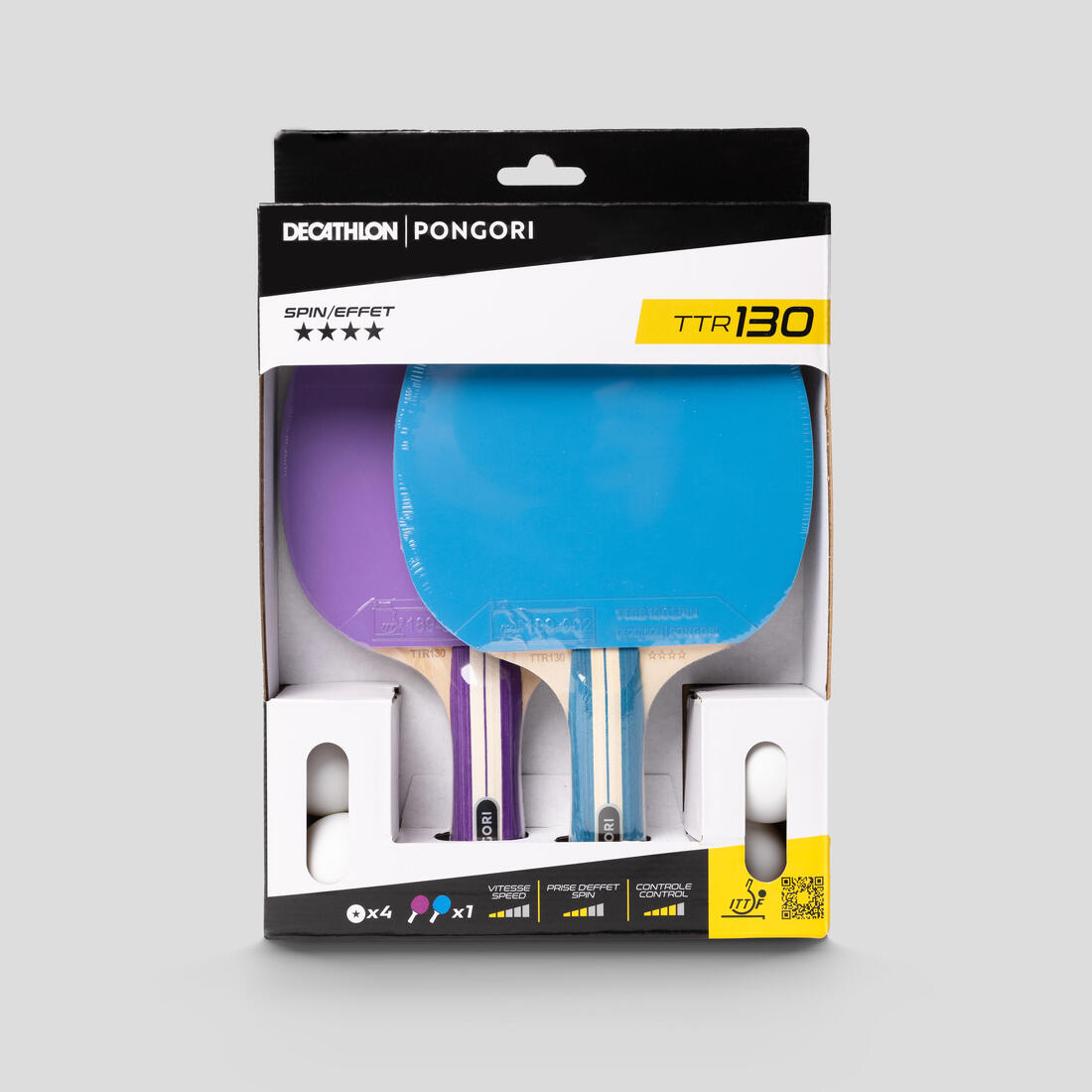 SET 2 RAQUETTES TTR 130 SPIN 4* ITTF ÉCOLE/CLUB VIOLET/BLEU + BALLES
