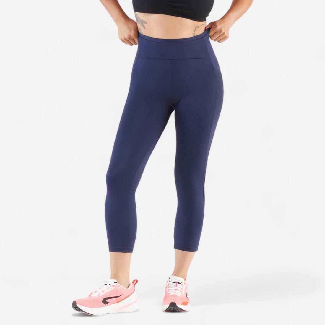 Legging court de running respirant Femme - KIPRUN Run 500 Confort – bleu acier