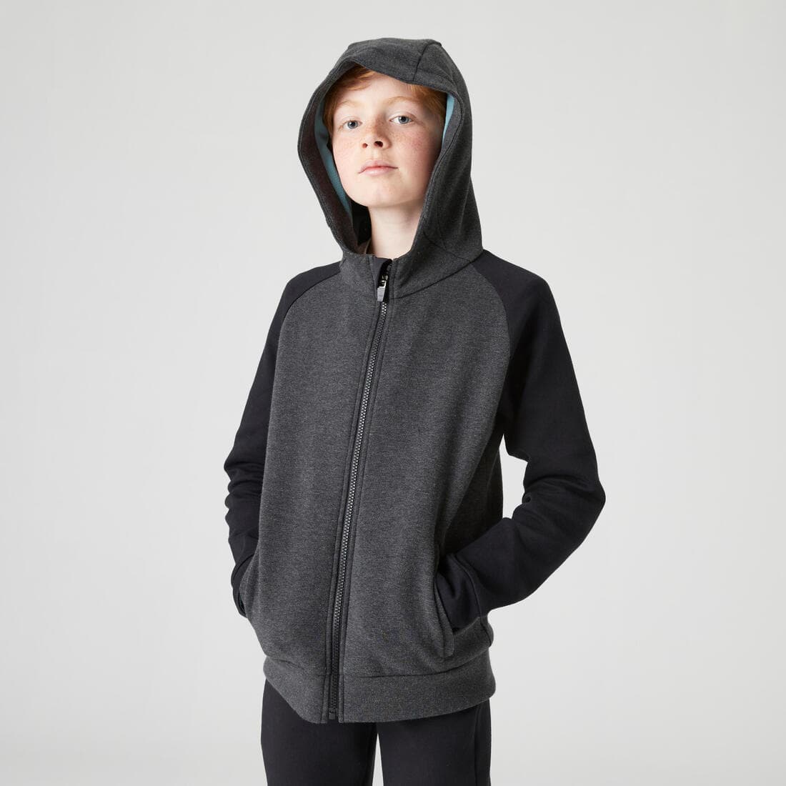 Sweat zippé à capuche enfant coton respirant - 900 gris chiné moyen et foncé