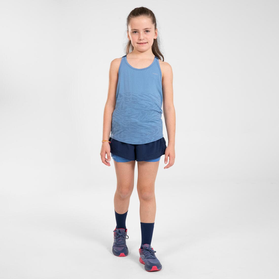 Short cuissard de running respirant Fille - KIPRUN DRY+ 2 en 1 marine et