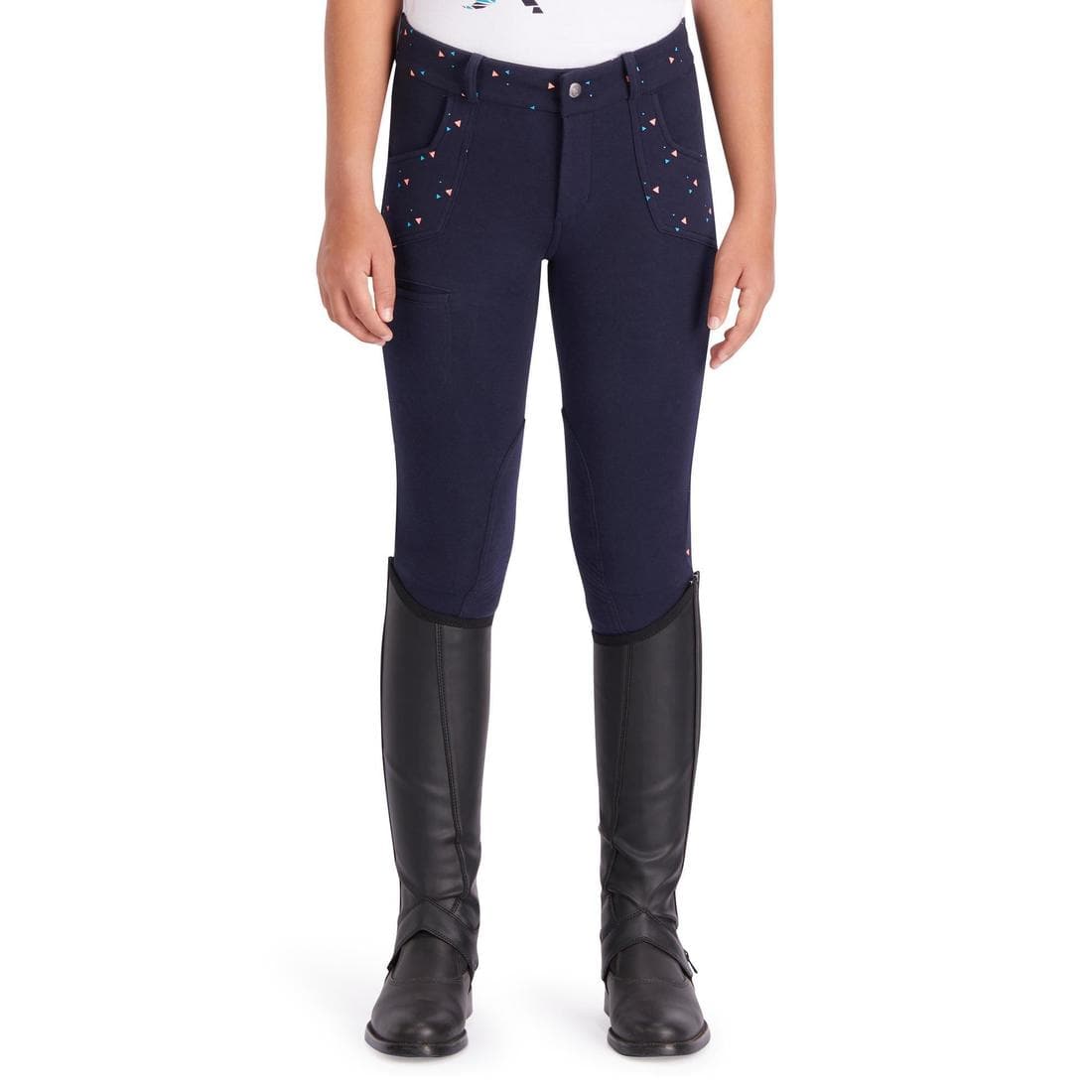 Pantalon équitation fille 120 PRINT marine à points rose