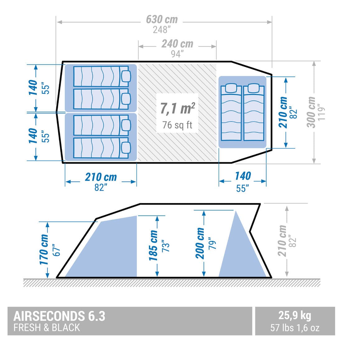 Tente gonflable de camping - Air Seconds 6.3 F&B - 6 Places - 3 Chambres