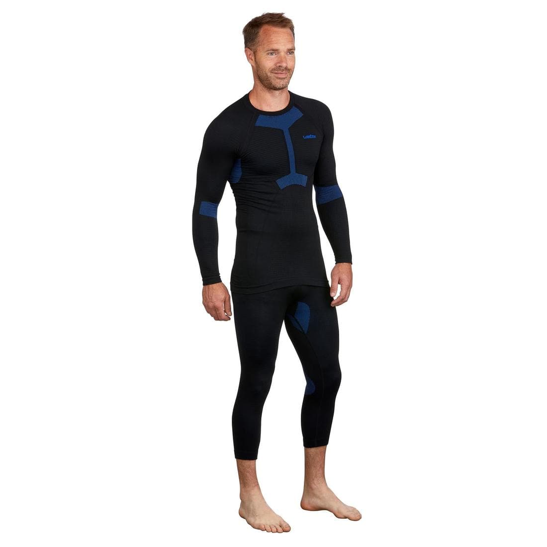 Sous-vêtement de ski chaud et confort homme, 500 soft seamless noir et bleu