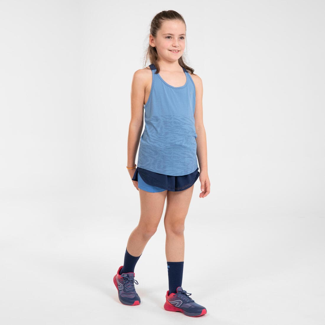 Short cuissard de running respirant Fille - KIPRUN DRY+ 2 en 1 marine et