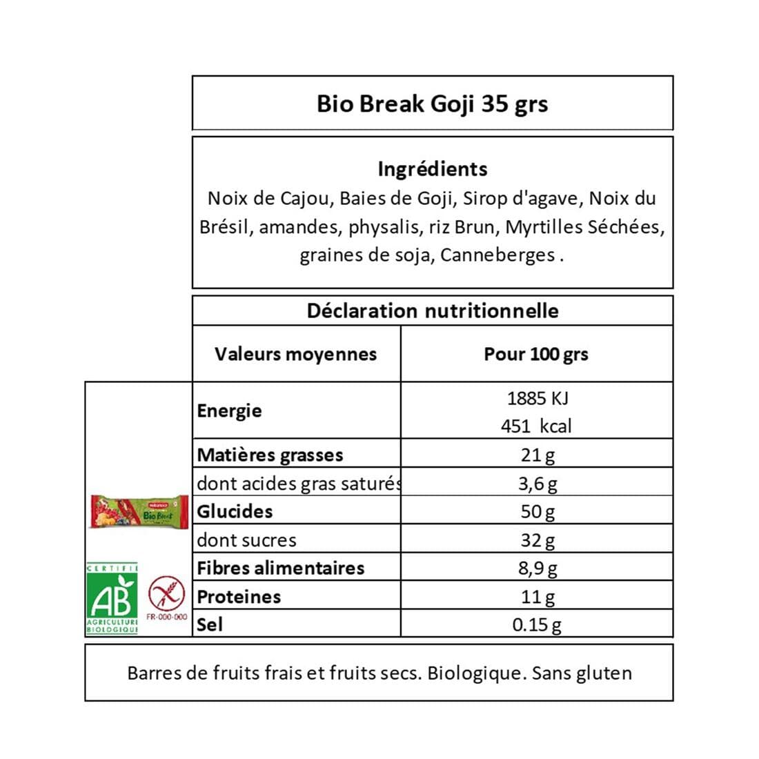 Barres de Fruits.  Goji, fruits de Coqueret et Myrtilles, Bio et sans gluten