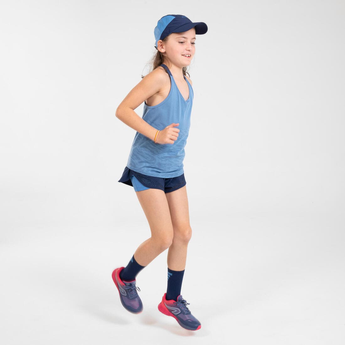 Short cuissard de running respirant Fille - KIPRUN DRY+ 2 en 1 marine et