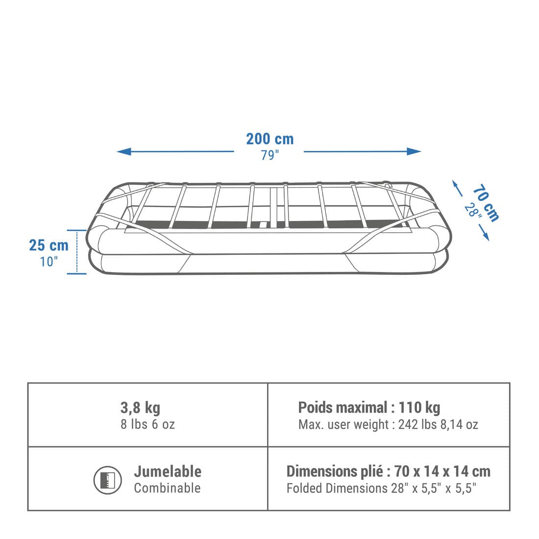 SOMMIER GONFLABLE DE CAMPING - CAMP BED AIR 70 CM - 1 PERSONNE