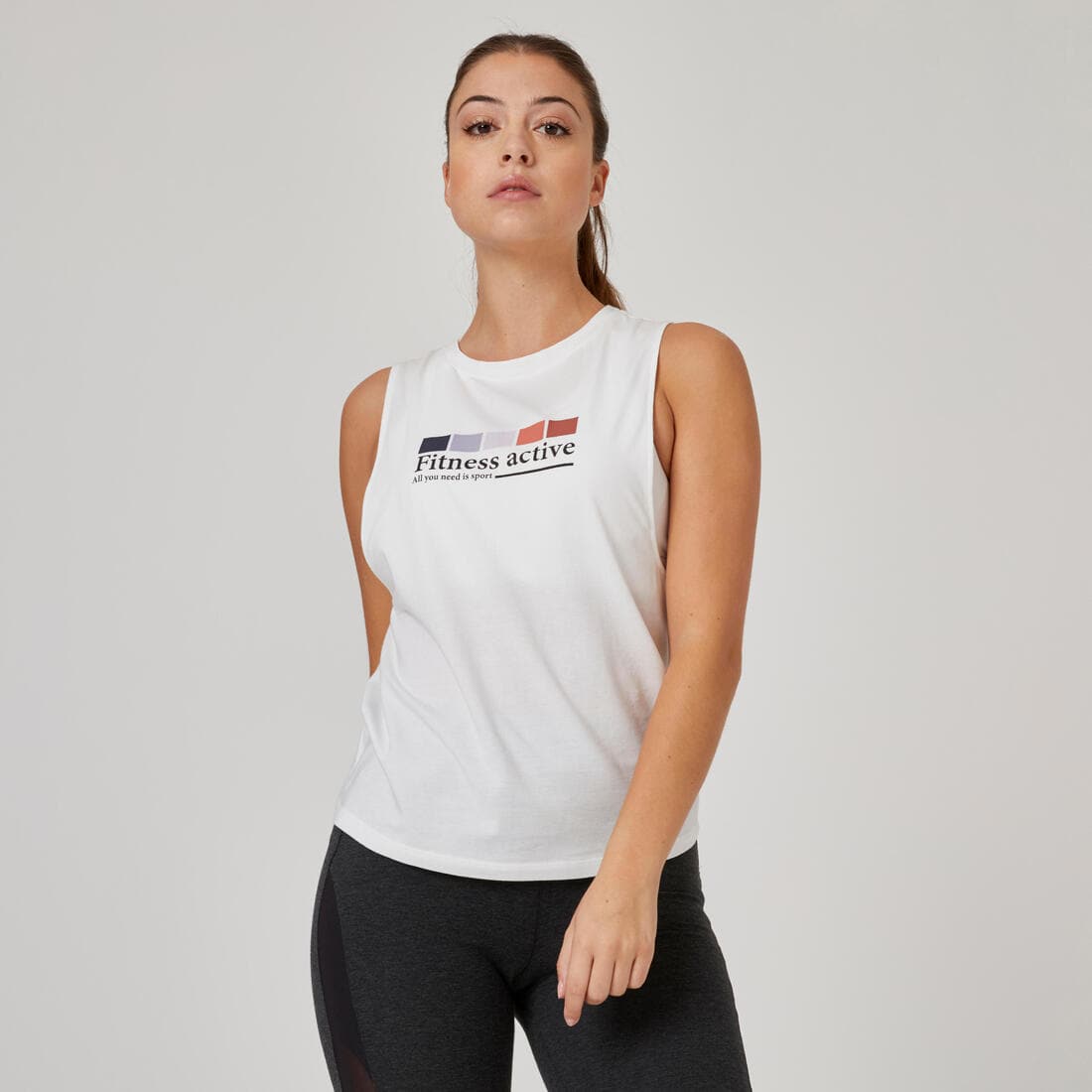 Débardeur Fitness femme col rond coton - 500 Cosmeto blanc glacier