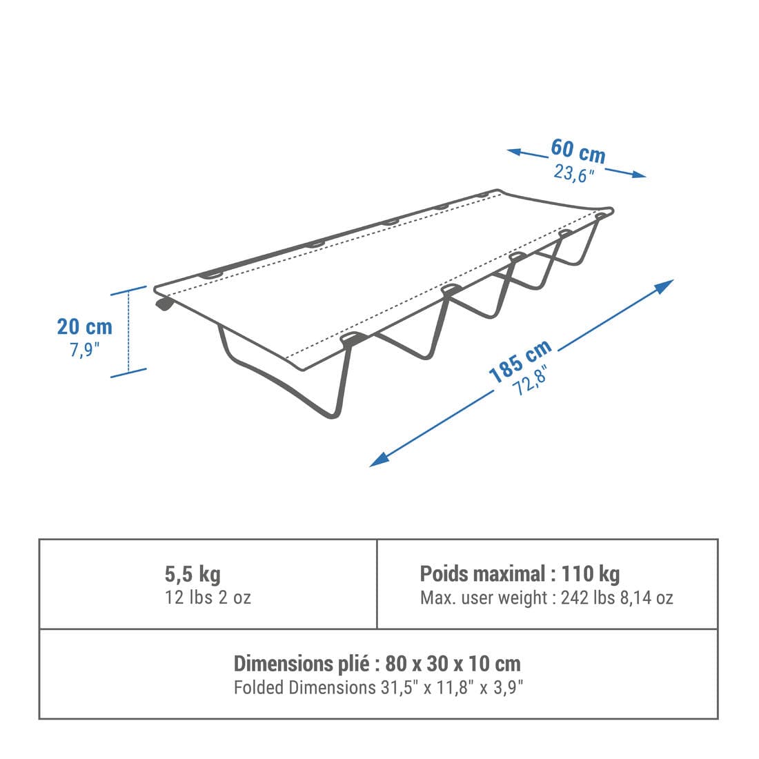 LIT DE CAMP POUR LE CAMPING - CAMP BED BASIC 60 CM - 1 PERSONNE