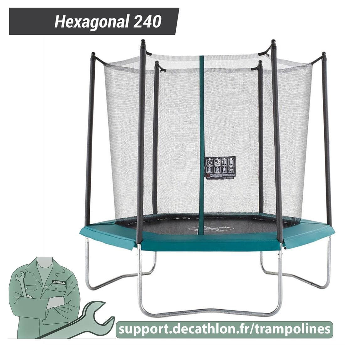 Filet protection zippé, pièce détachée trampoline, Hexagonal 240