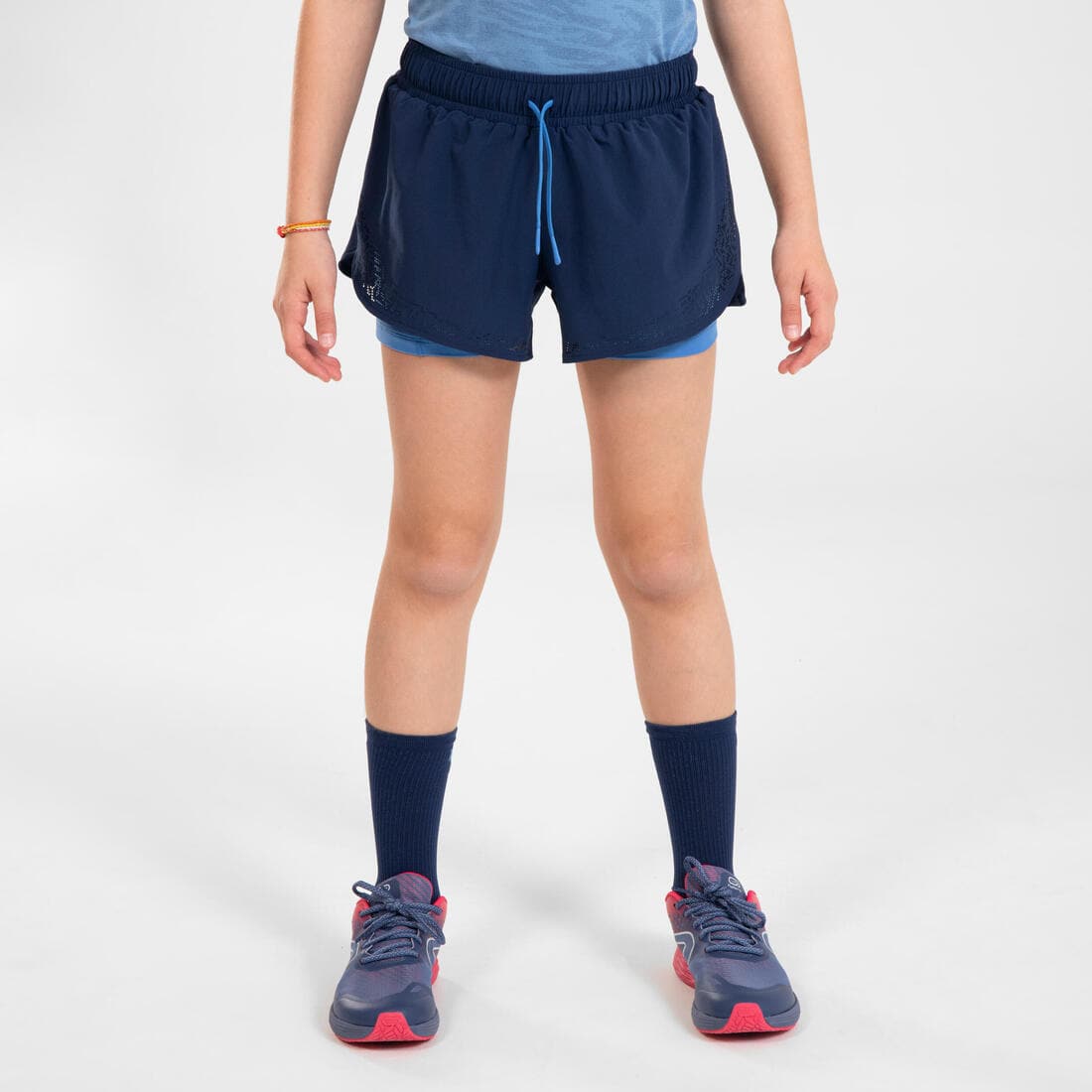 Short cuissard de running respirant Fille - KIPRUN DRY+ 2 en 1 marine et