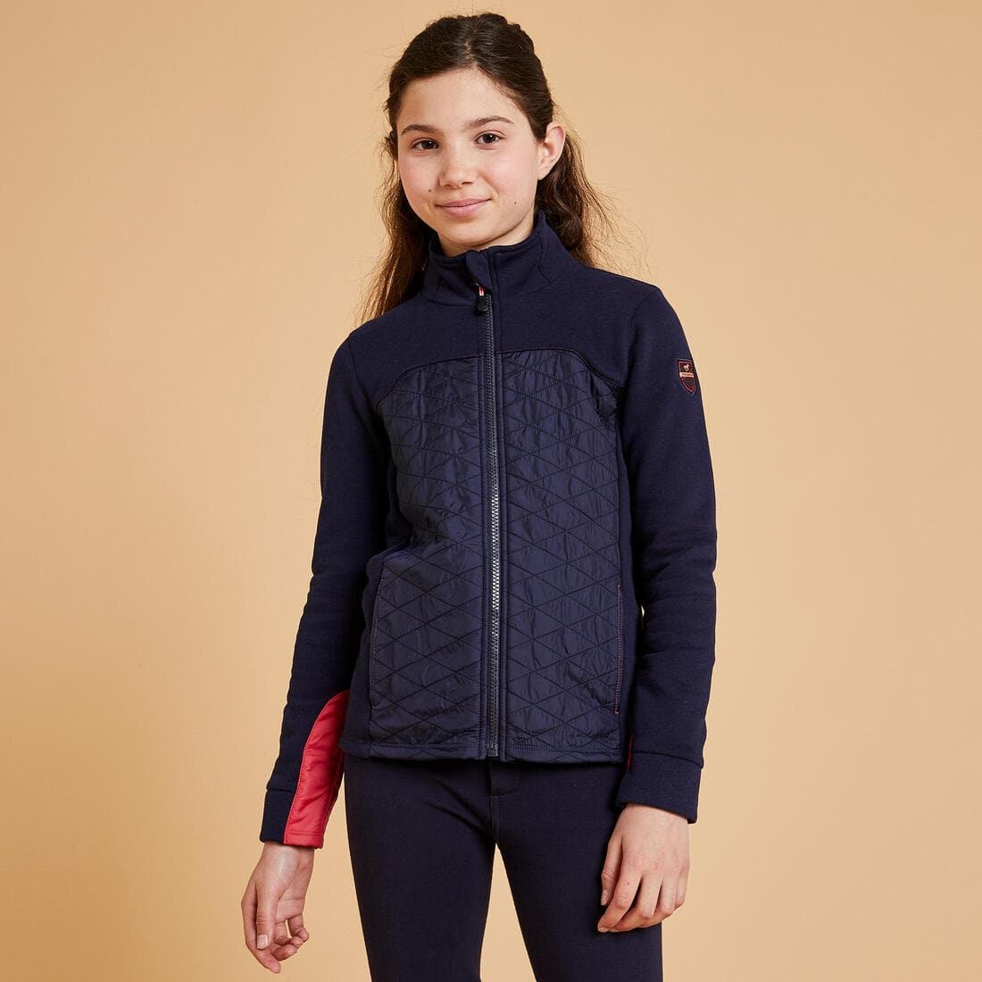 Sweat équitation bi-matière zippé Enfant - 500 marine et