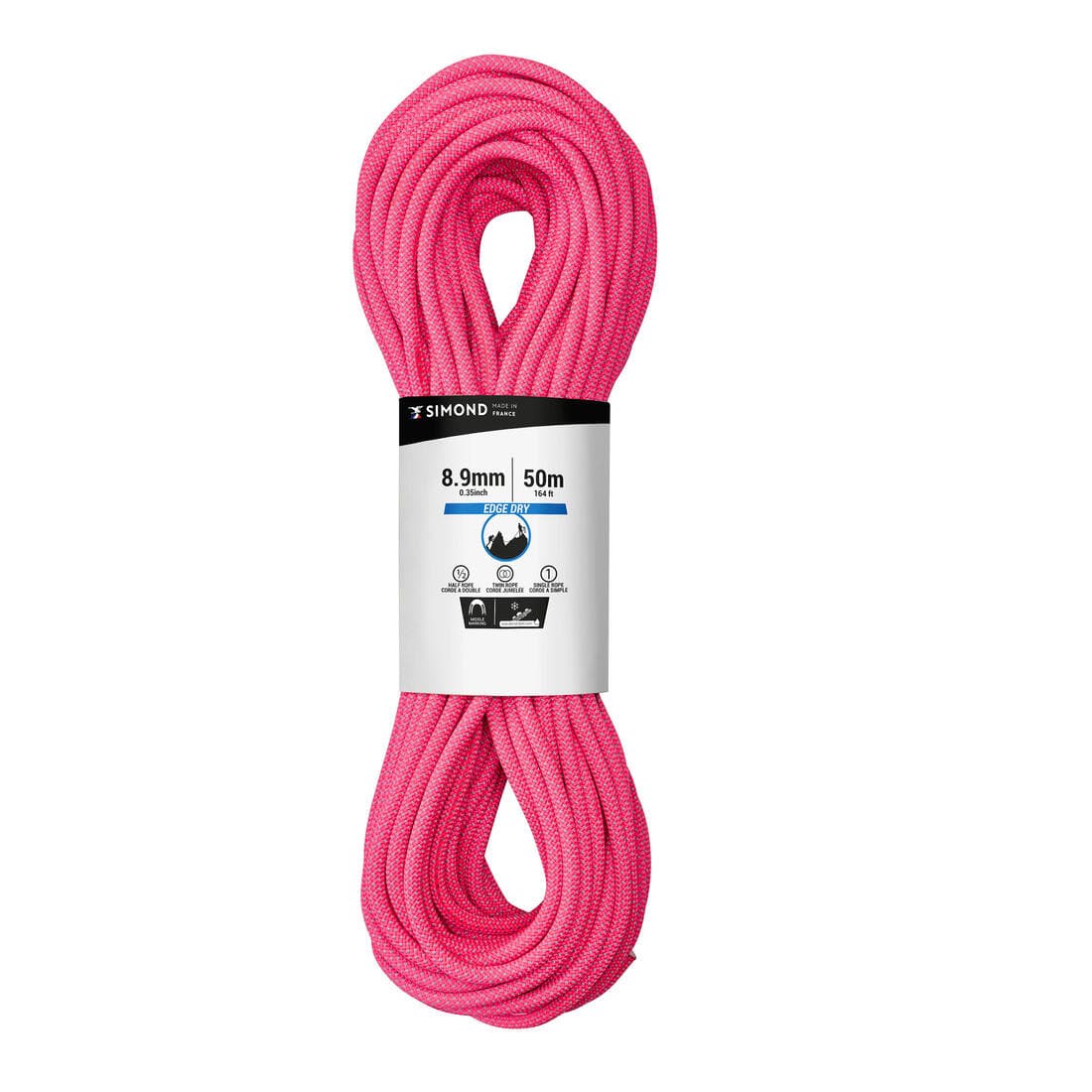 CORDE DRY TRIPLE NORME D'ESCALADE ET D'ALPINISME  8.9 mm x 50 m - EDGE DRY ROSE