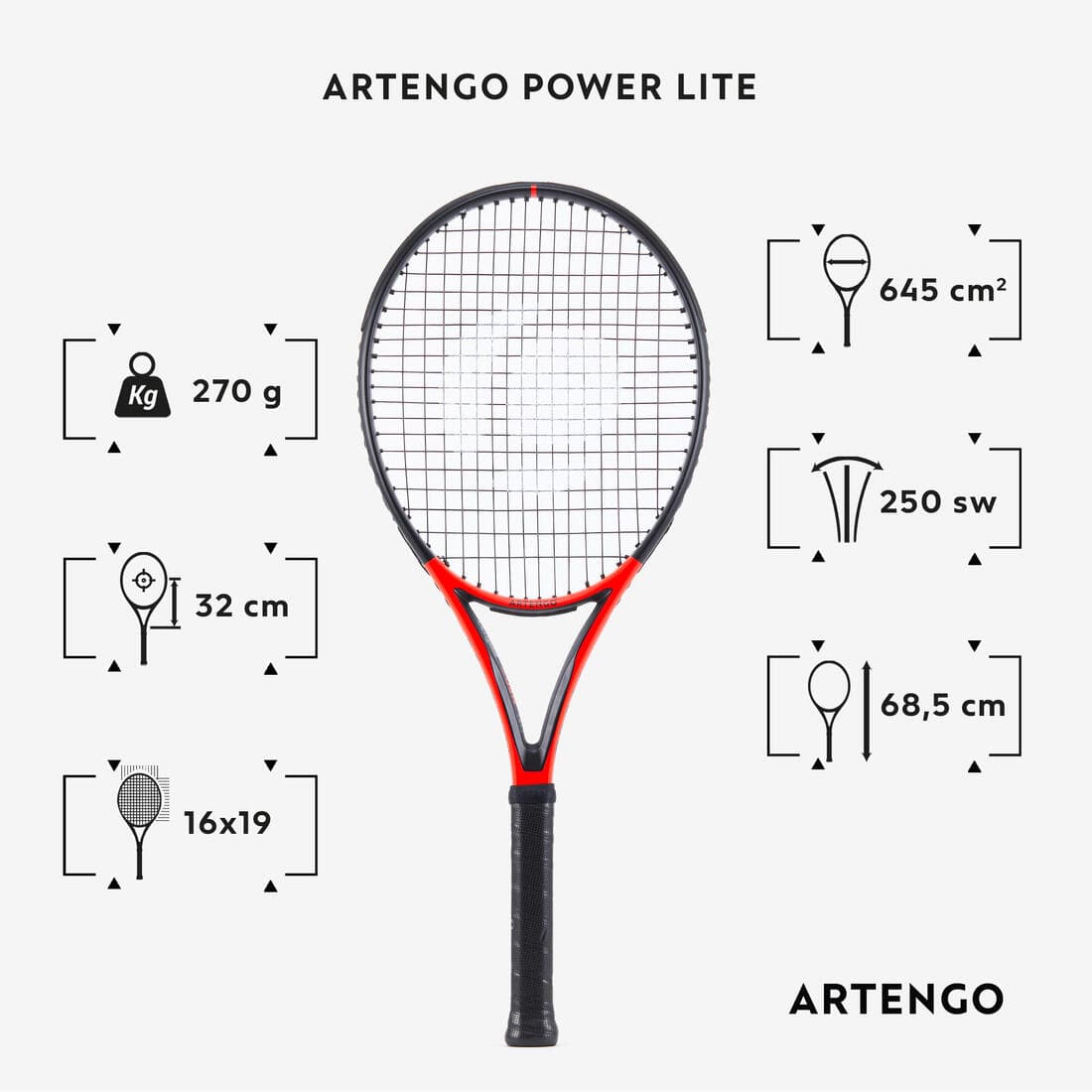 Raquette de tennis adulte - ARTENGO TR990 POWER LITE Rouge Noir 270g