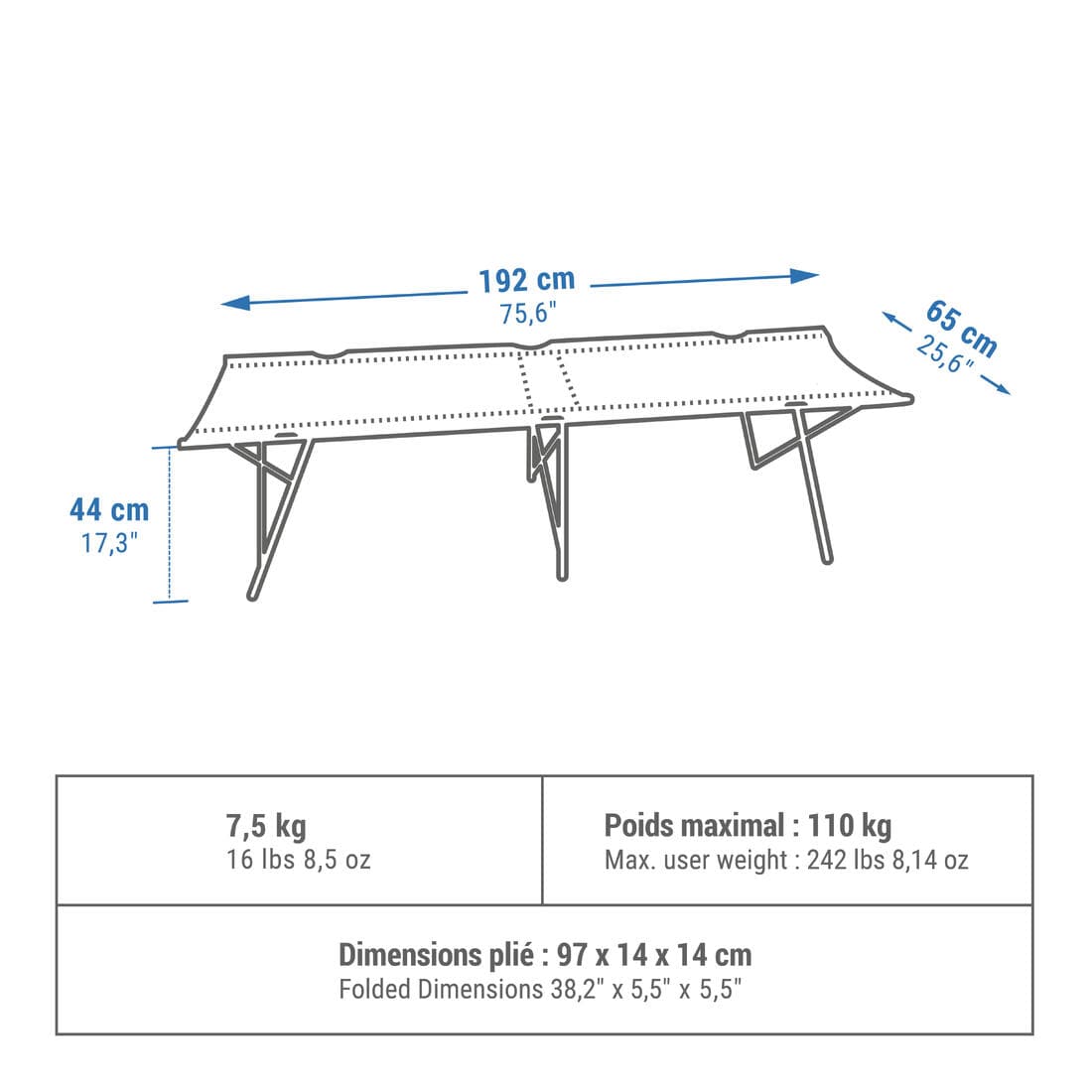 LIT DE CAMP POUR LE CAMPING - CAMP BED SECOND 65 CM - 1 PERSONNE