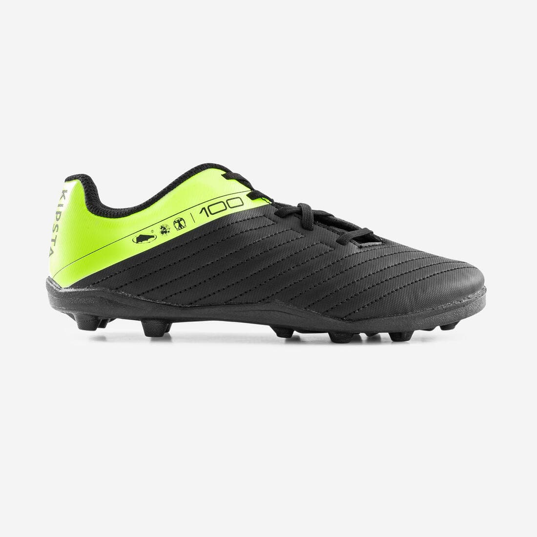 CHAUSSURES DE FOOTBALL ENFANT A LACETS 100 FG NOIR ET JAUNE