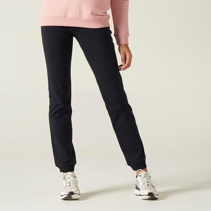 Pantalon jogging fitness femme coton coupe droite sans poche - 120 noi