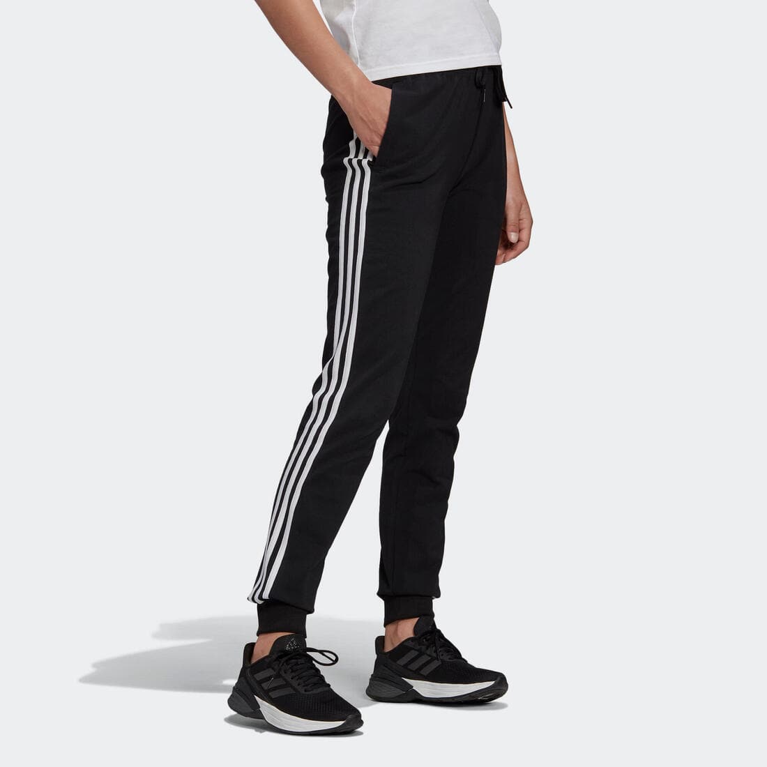 Pantalon jogging fitness femme coton majoritaire ajusté - 3 Stripes noir