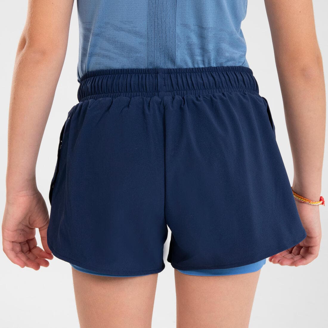 Short cuissard de running respirant Fille - KIPRUN DRY+ 2 en 1 marine et