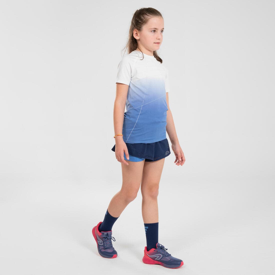 Short cuissard de running respirant Fille - KIPRUN DRY+ 2 en 1 marine et