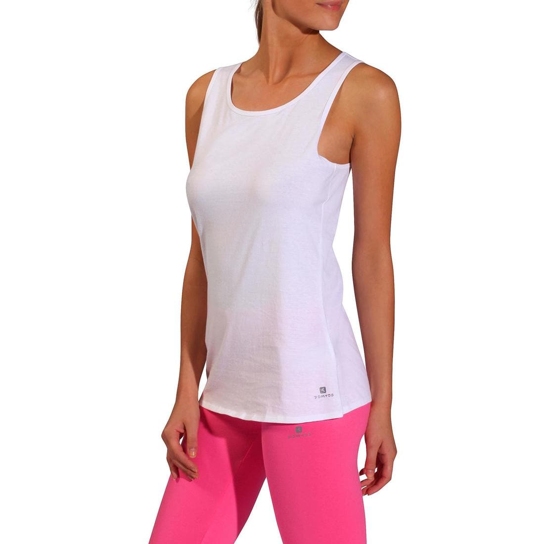 Débardeur Fitness femme col rond droit coton - 100 blanc glacier