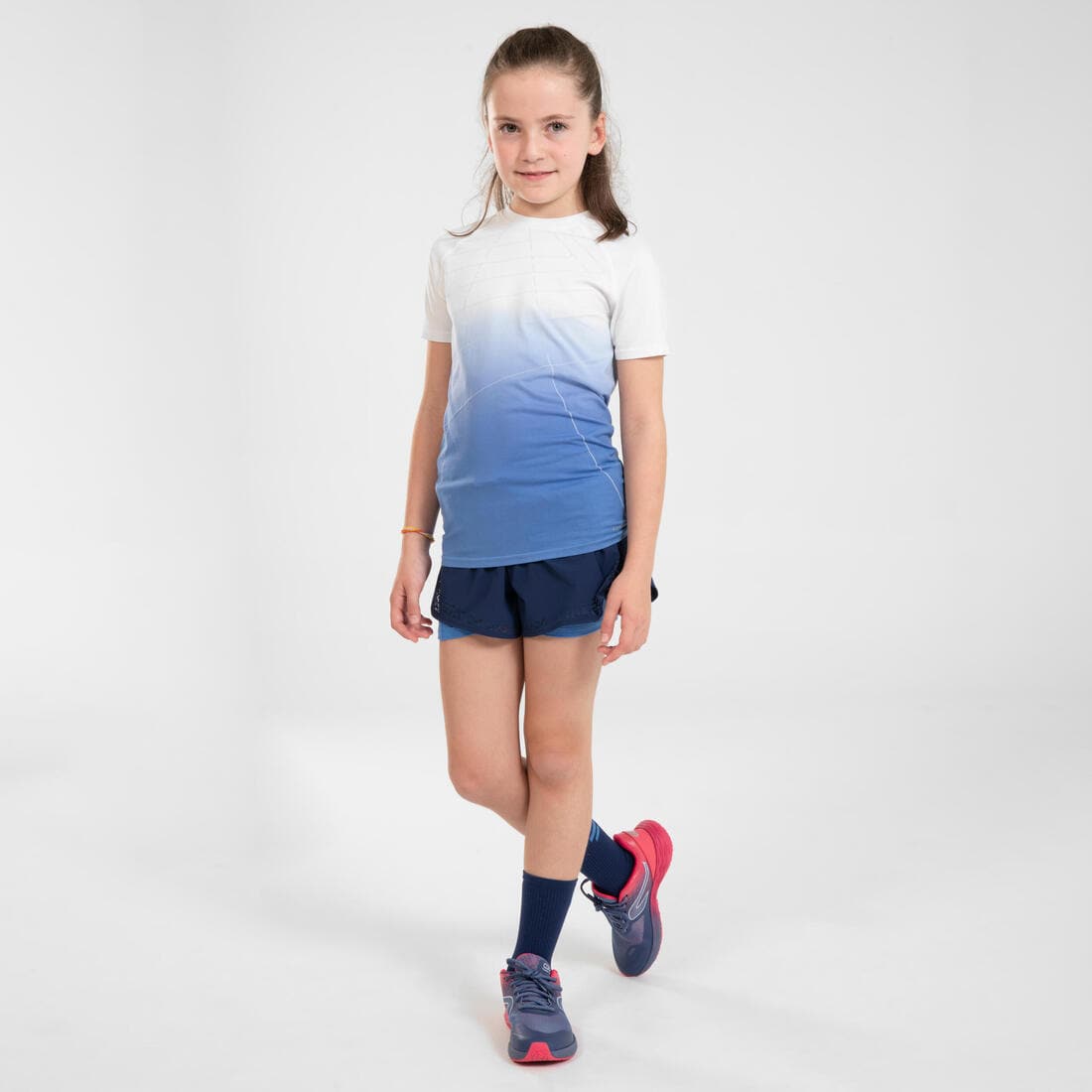 Short cuissard de running respirant Fille - KIPRUN DRY+ 2 en 1 marine et