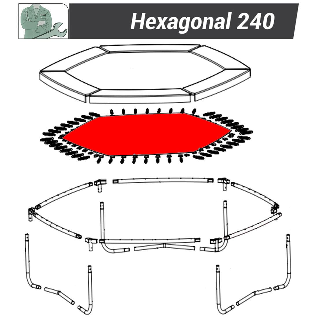 Toile de saut, pièce détachée trampoline, Hexagonal 240