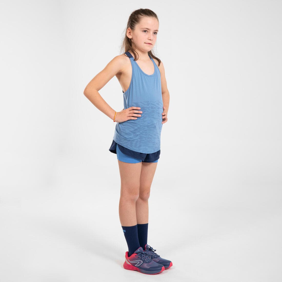 Short cuissard de running respirant Fille - KIPRUN DRY+ 2 en 1 marine et