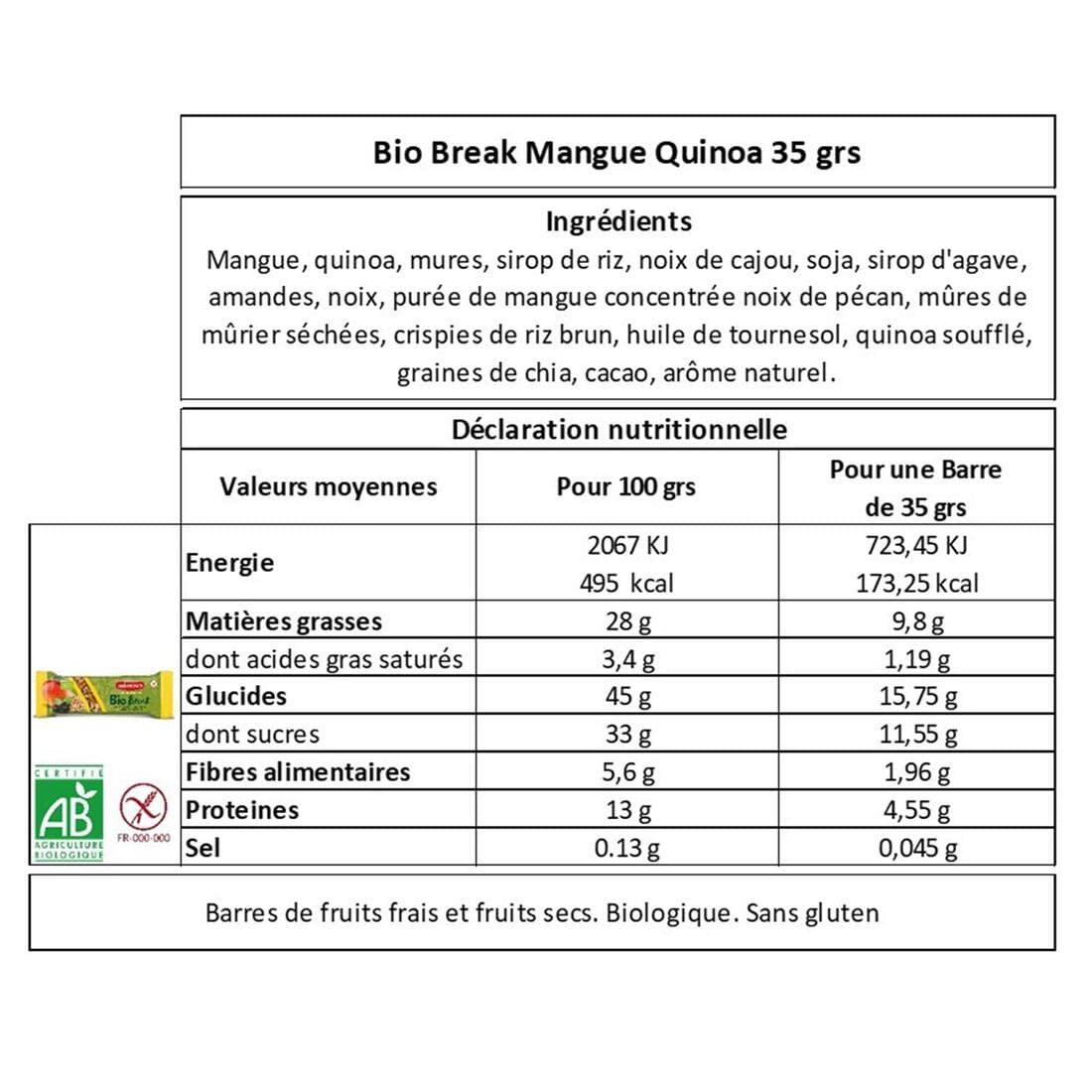 Barres de fruits Mangue, Quinoa, Mures Bio et sans gluten