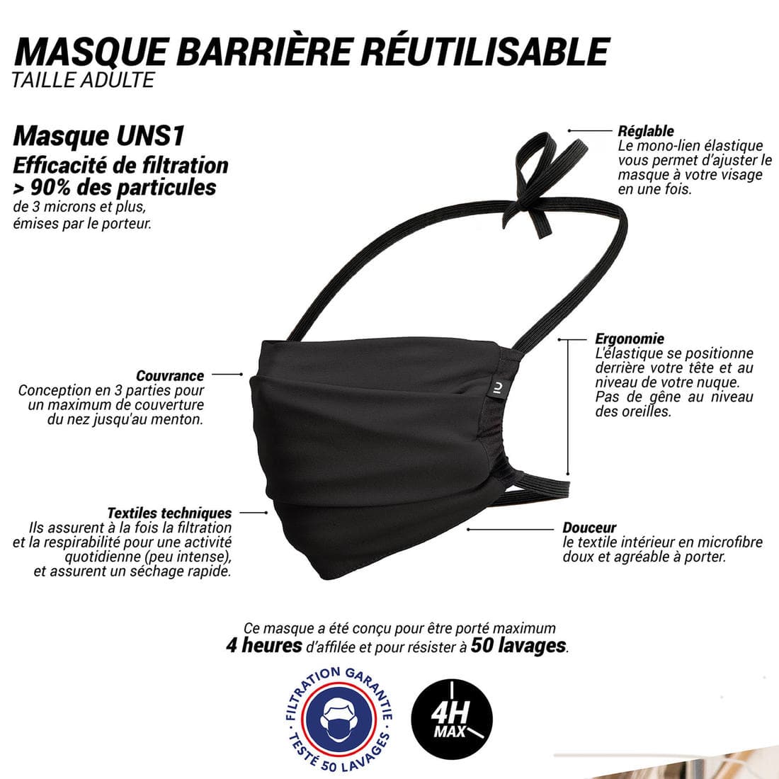 LOT 2 MASQUES BARRIÈRES COVID-19 LAVABLES ADULTE NOIR