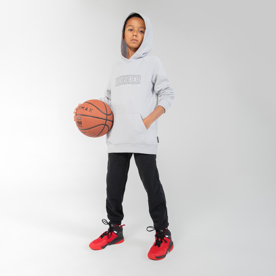 SWEAT DE BASKETBALL A CAPUCHE ENFANT - H100 GRIS