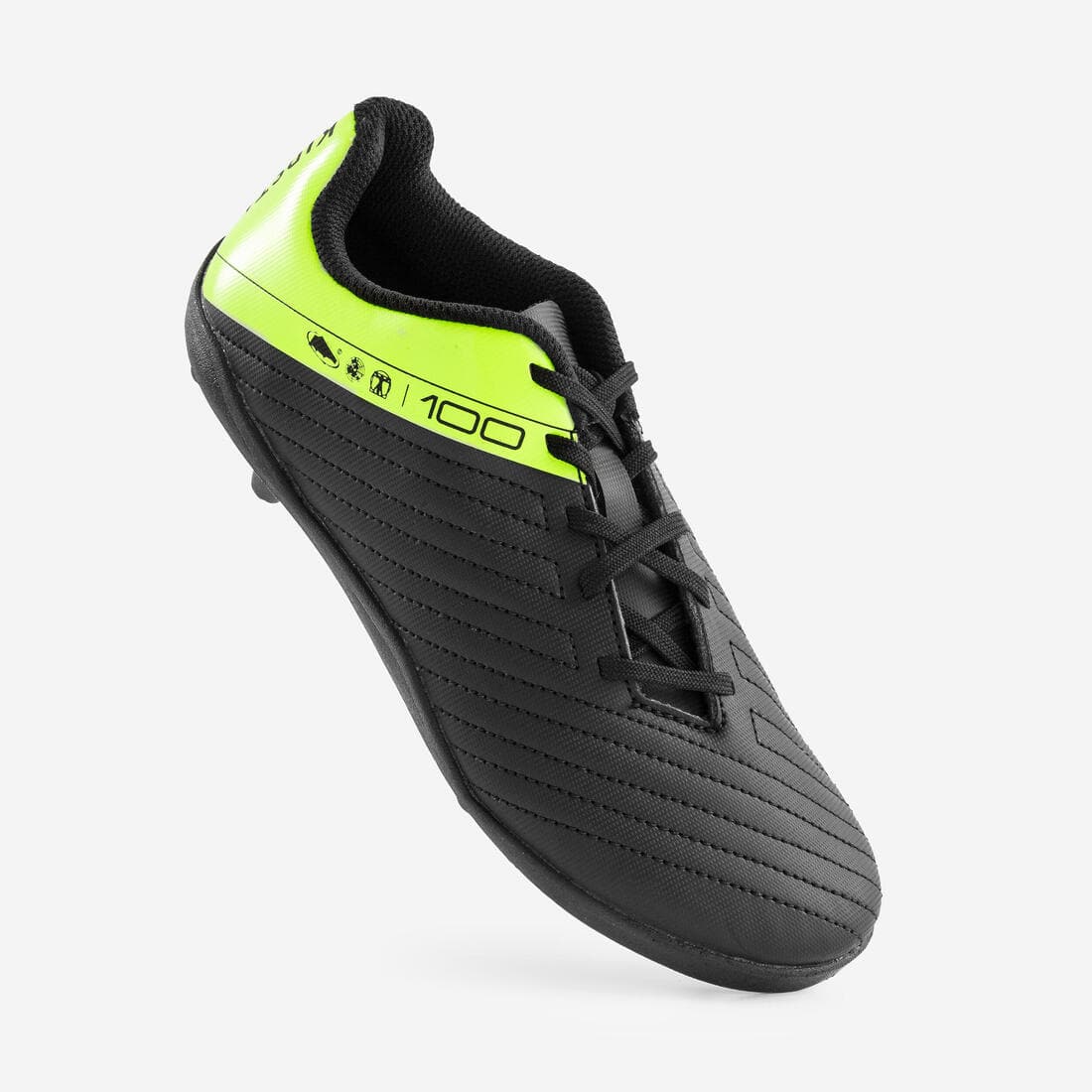 CHAUSSURES DE FOOTBALL ENFANT A LACETS 100 FG NOIR ET JAUNE