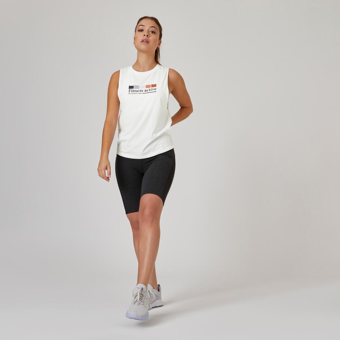 Débardeur Fitness femme col rond coton - 500 Cosmeto blanc glacier