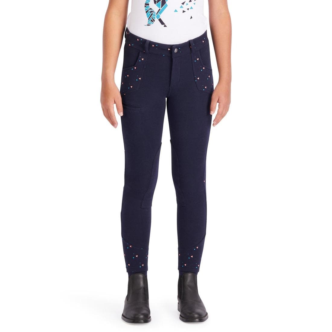 Pantalon équitation fille 120 PRINT marine à points rose