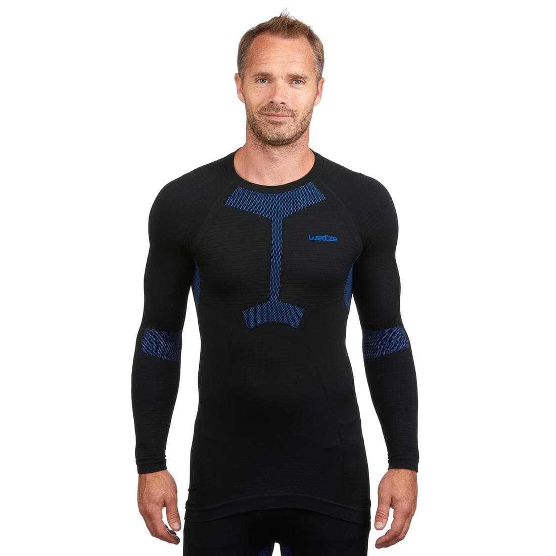 Sous-vêtement de ski chaud et confort homme, 500 soft seamless noir et bleu