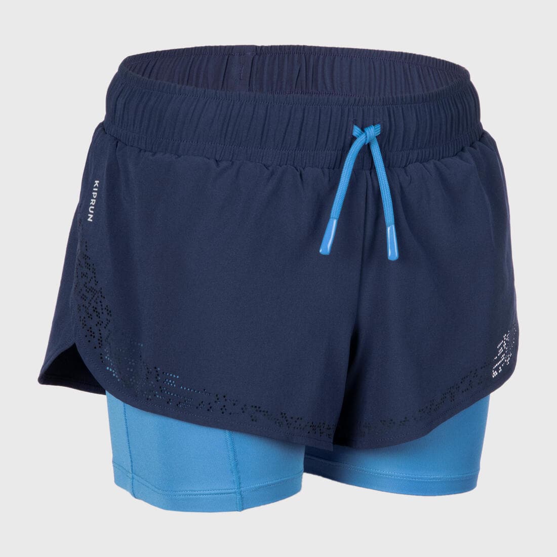 Short cuissard de running respirant Fille - KIPRUN DRY+ 2 en 1 marine et