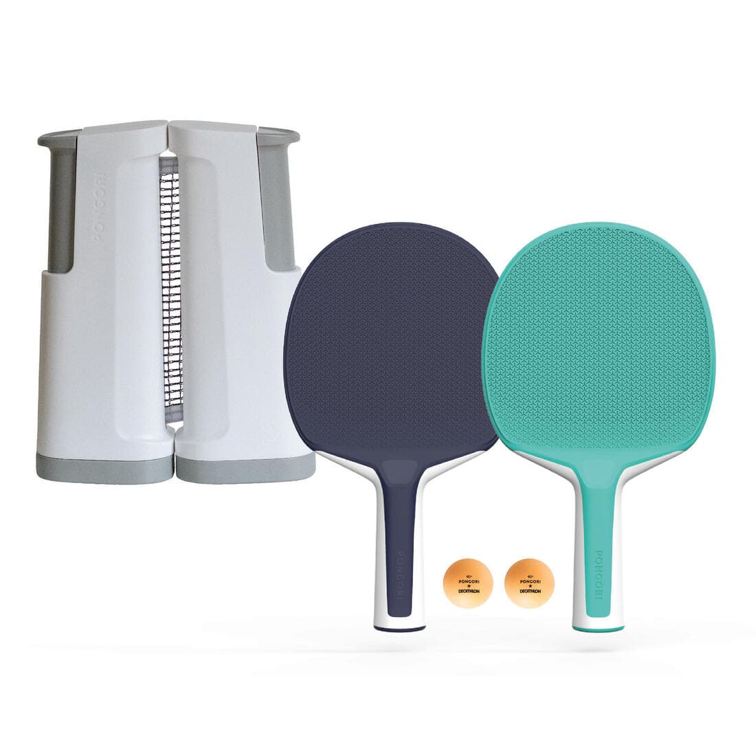 SET POTEAUX FILET DE PING PONG REGLABLE ROLLNET BLANC/GRIS 2 RAQUETTES 2 BALLES