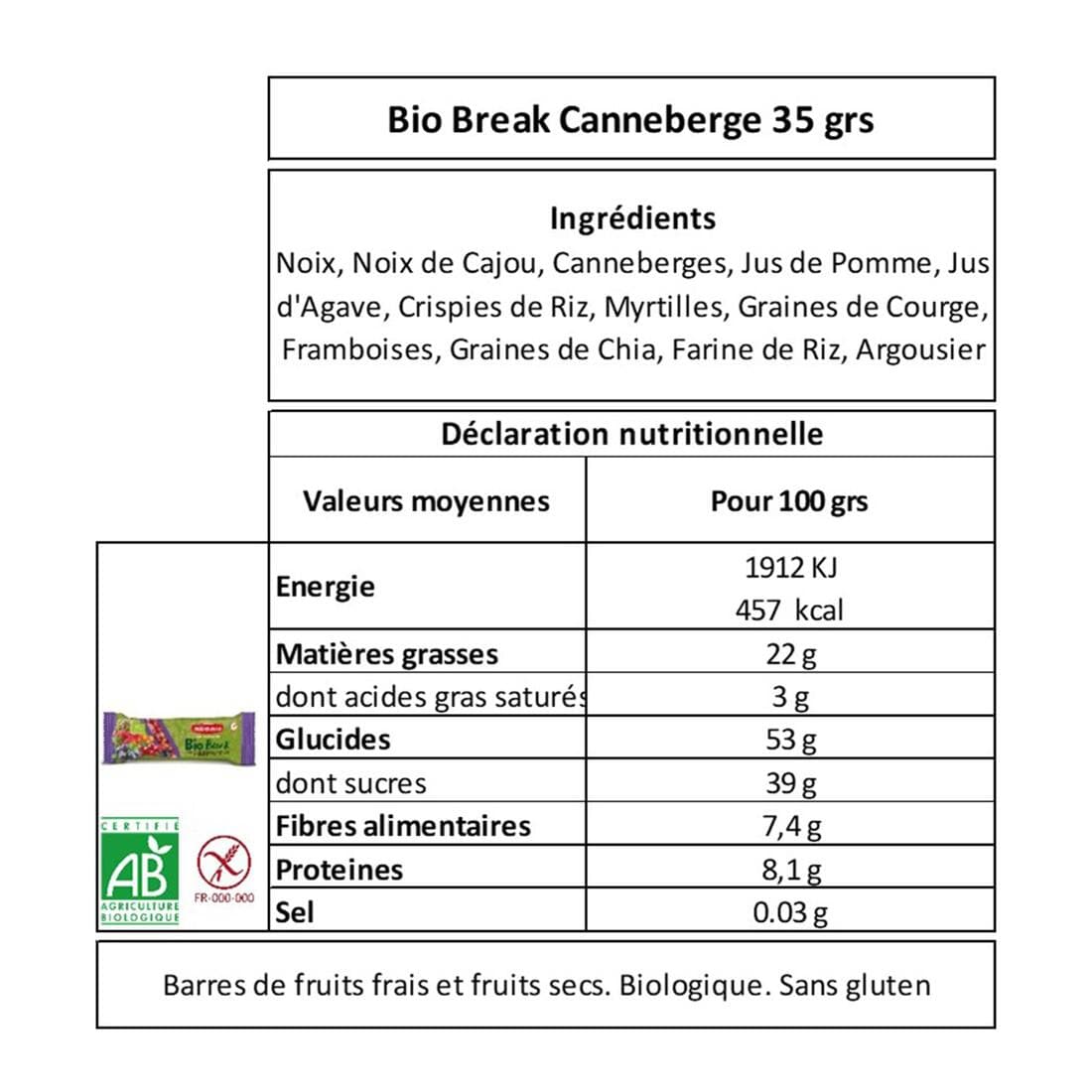 Barres de Fruits. canneberges, myrtilles, graines de chia, Bio et sans gluten