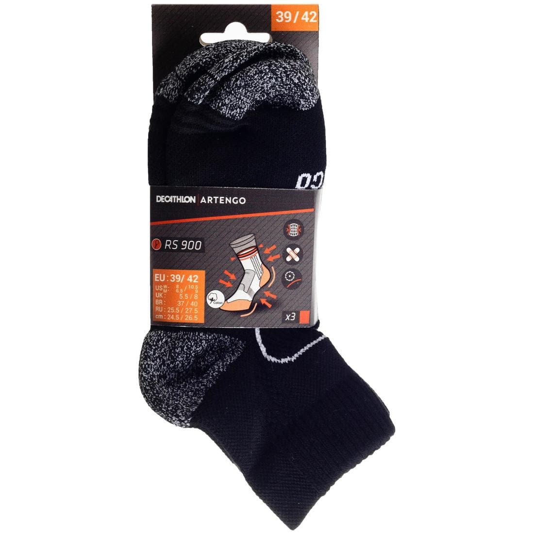 CHAUSSETTES DE SPORT MI-HAUTES ARTENGO RS 900 NOIR  BLANC LOT DE 3