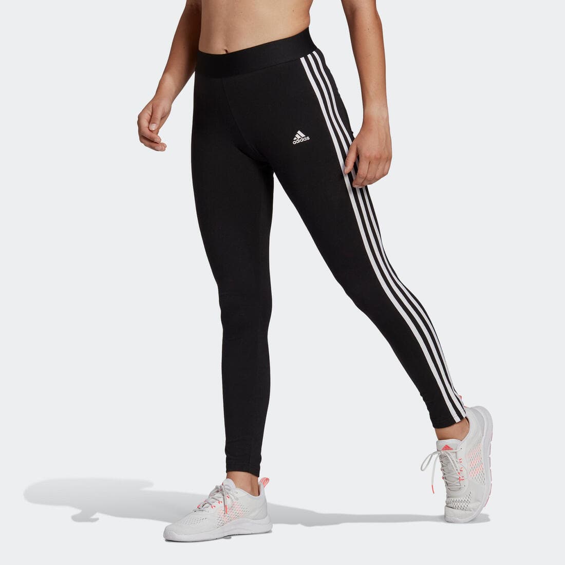 Legging fitness long coton majoritaire taille haute femme - 3 bandes noir blanc