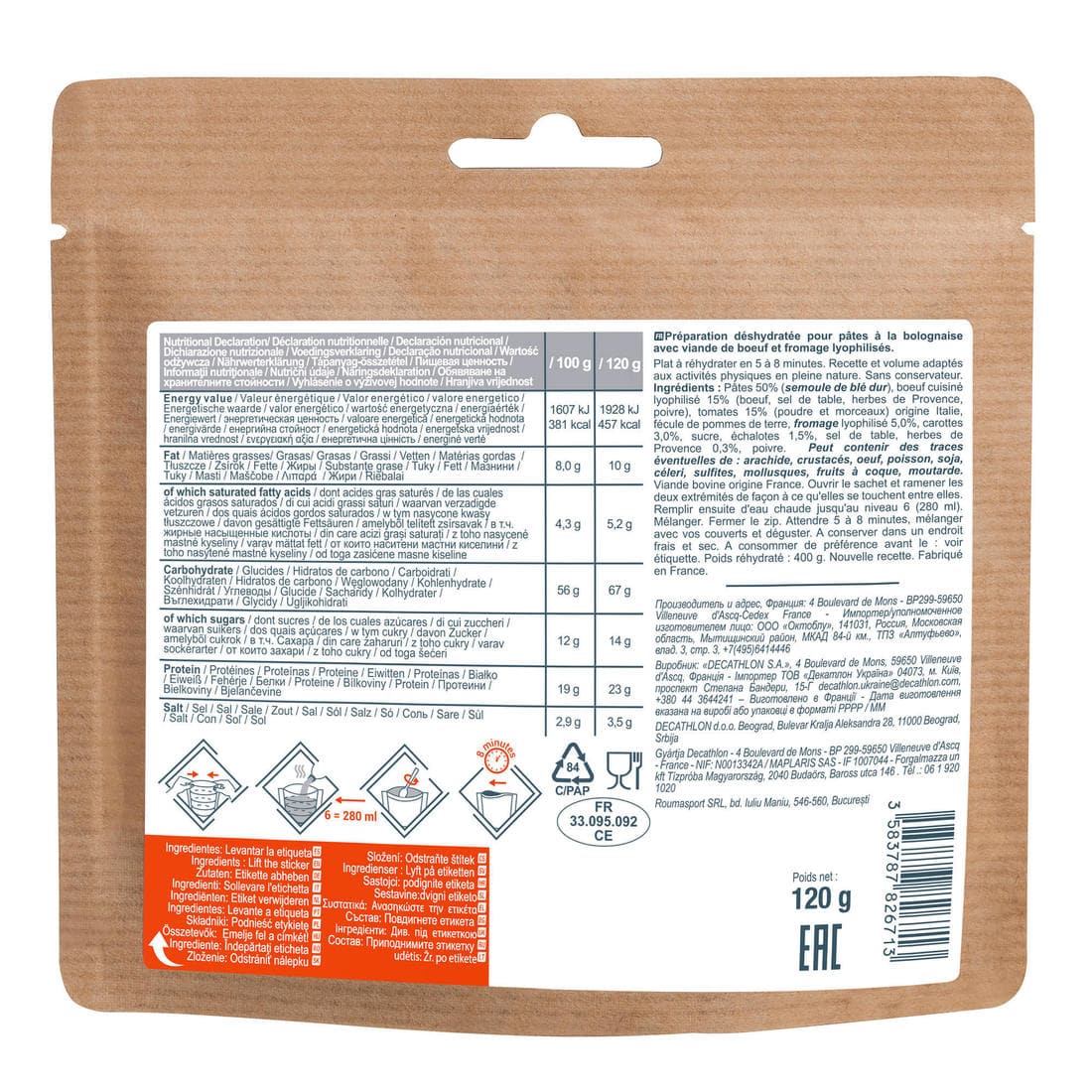 Repas déshydraté lyophilisé - Pâtes à la bolognaise - 120g