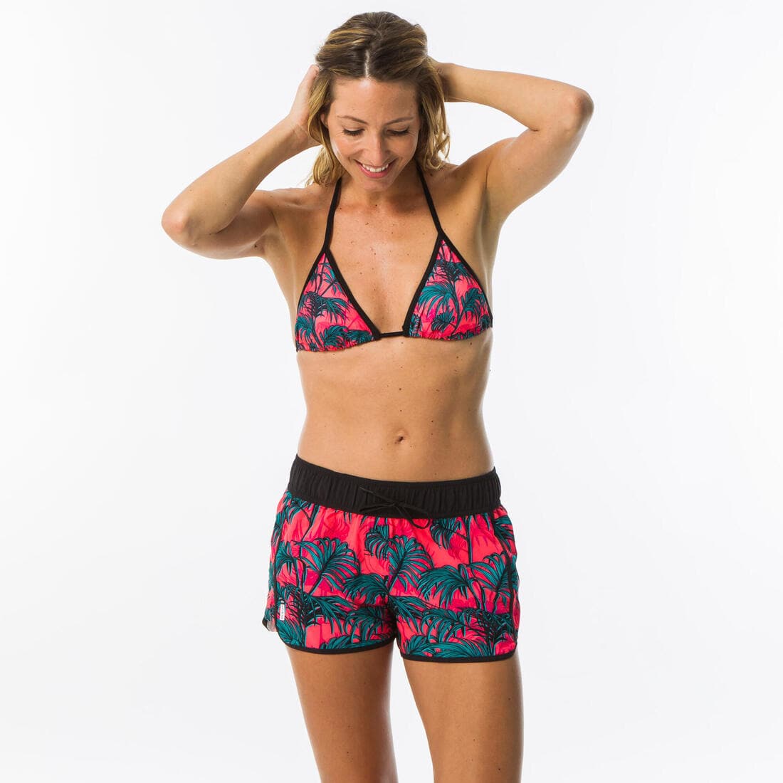 Boardshort surf femme TINI CORAIL avec ceinture élastiquée et cordon de serrage