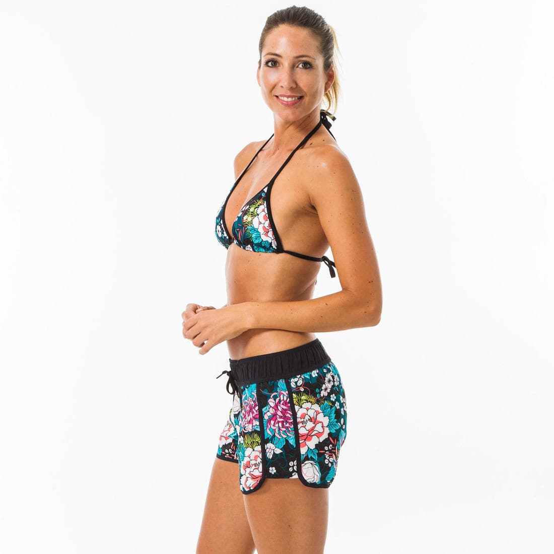 Boardshort surf femme TINI CORAIL avec ceinture élastiquée et cordon de serrage