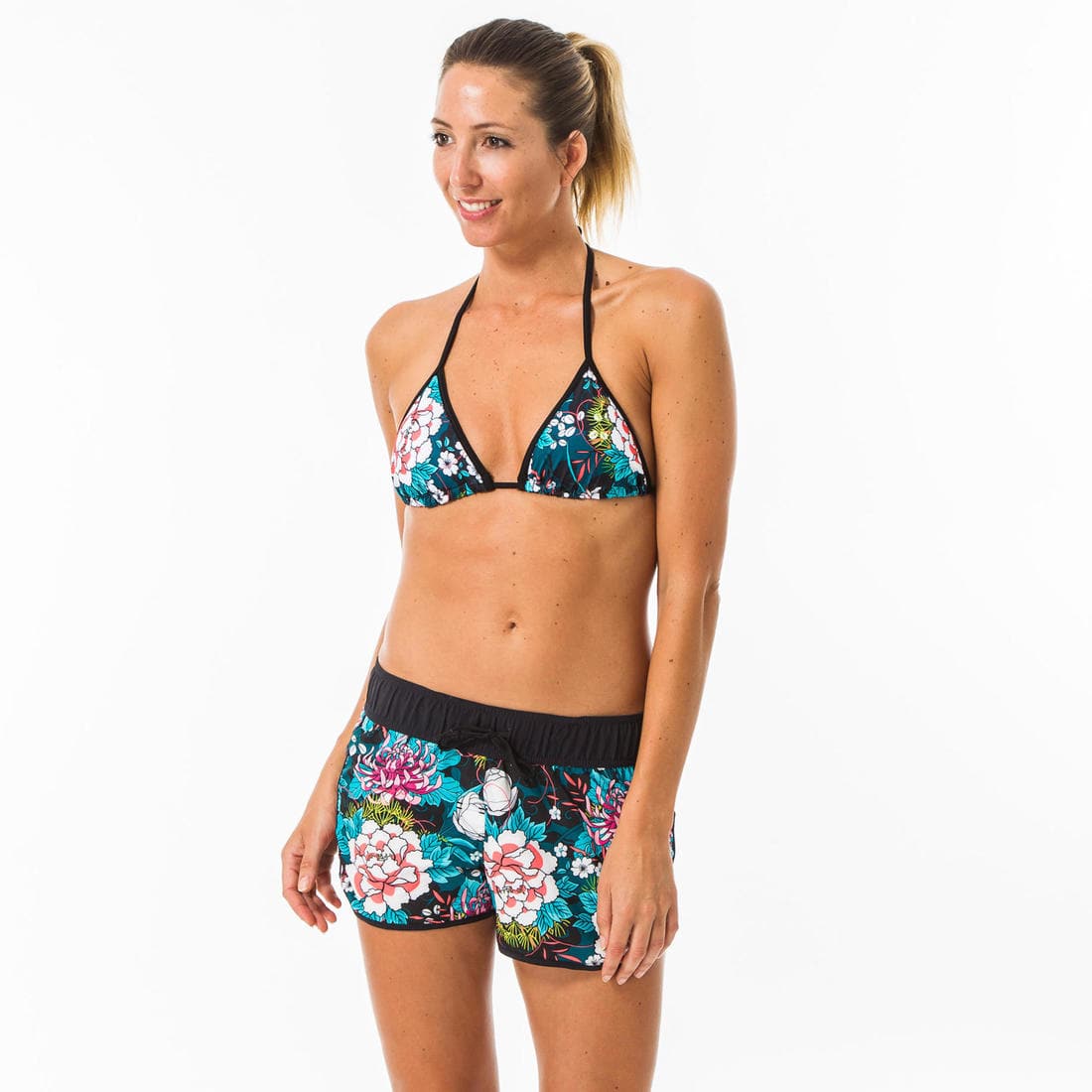 Boardshort surf femme TINI CORAIL avec ceinture élastiquée et cordon de serrage